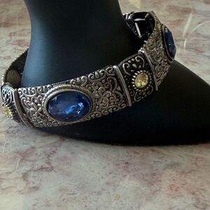 EUC~Woman’s Vintage Stretch Bracelet~Silver Plated Blue/Yellow Jeweled Bracelet